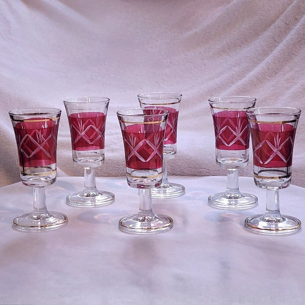Cristallerie Artistiche Ruby Red Flashed Cordial Shot Glasses 6pc Set Italy 60s